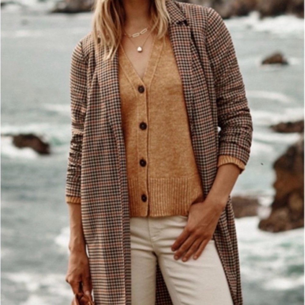 J. Jill Houndstooth Sonoma Duster Blazer Coat Size L in Brown and Tan